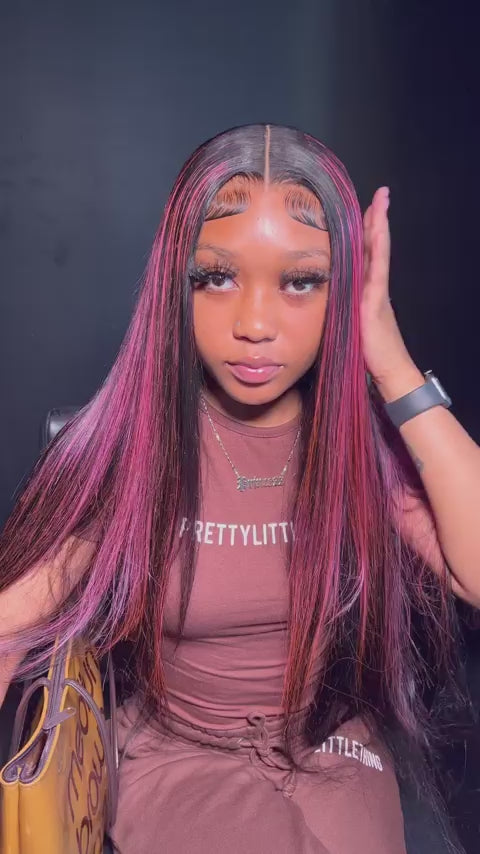 Black & Rose Pink Highlight Straight Lace Front Wig