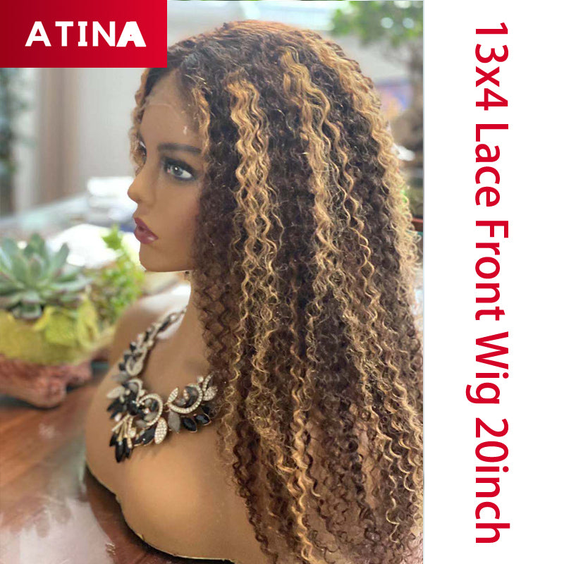 Honey Blonde Highlight Wig Curly Human Hair PrePlucked Lace Front Wigs Virgin Human Hair Wigs Atina Hair