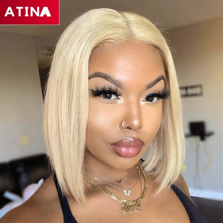613 Blonde 13x4 Lace Front Human Hair Wigs Short Straight Bob Pre Plucked