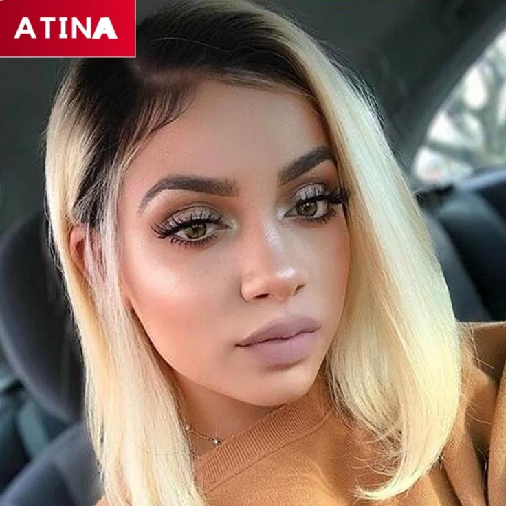 Short Straight Bob 1B/613 Ombre Blonde Colored 13x4 Closure Hair Wig