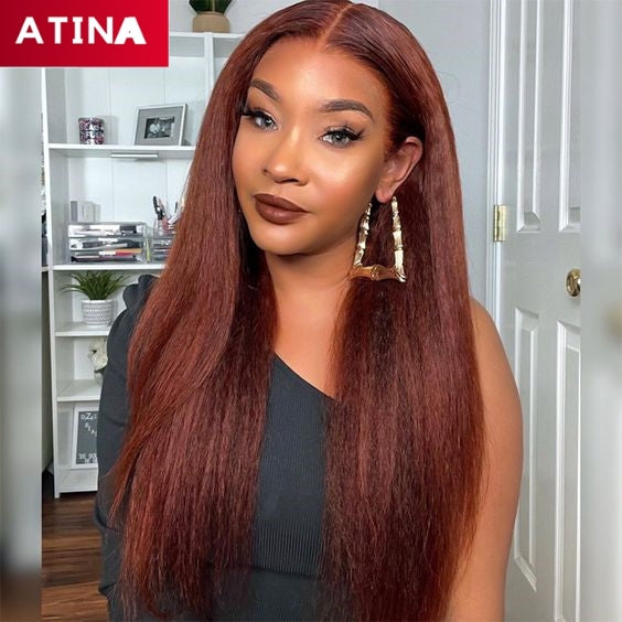 Reddish Brown Kinky Straight Hair Wig 360 Lace Frontal Wig Pre Plucked with Baby Hair