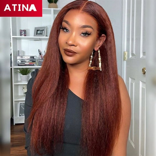 Reddish Brown Kinky Straight Hair Wig 360 Lace Frontal Wig Pre Plucked with Baby Hair