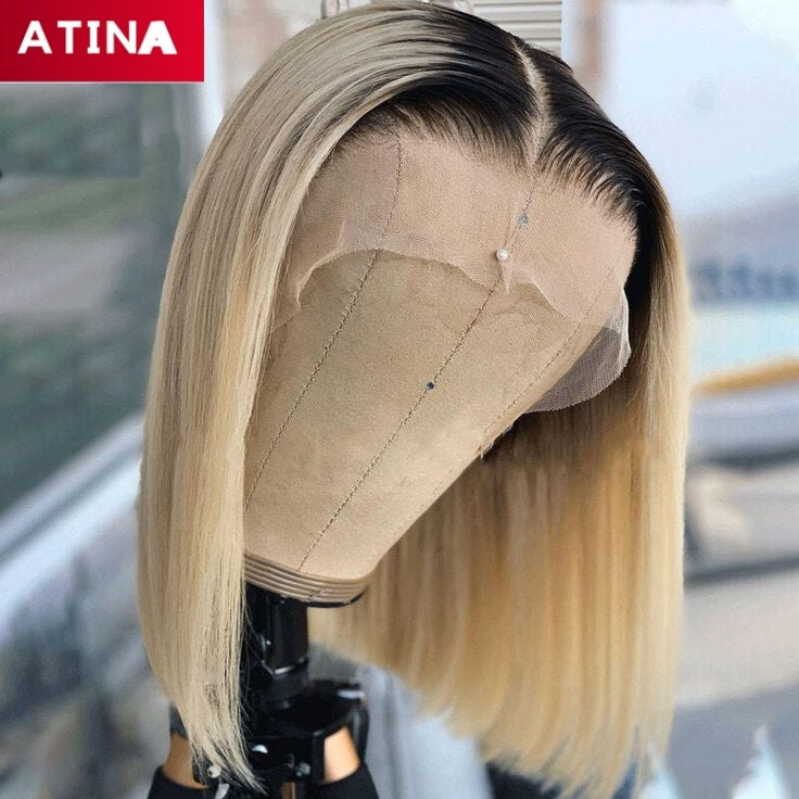 Short Straight Bob 1B/613 Ombre Blonde Colored 13x4 Closure Hair Wig