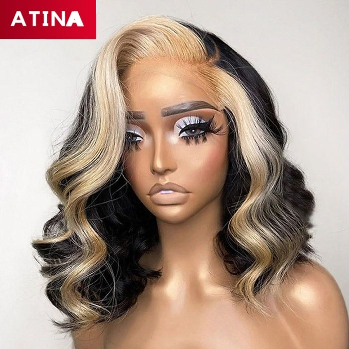 Brown Highlight Colored Wavy BoB Human Hair Wig with Partial Part