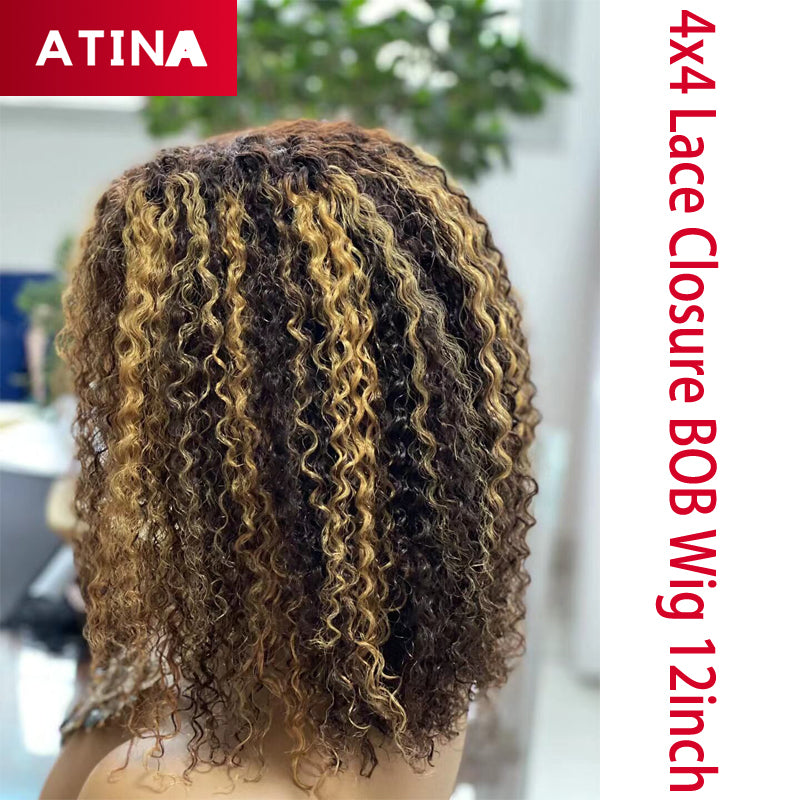 Honey Blonde Highlight Wig Short Bob Curly Human Hair PrePlucked Lace Front Wigs 4x4 Closure Human Hair Wigs Atina Hair