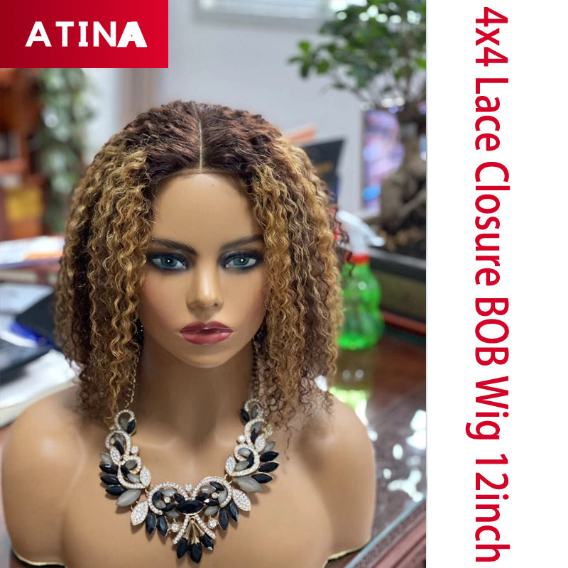 Honey Blonde Highlight Wig Short Bob Curly Human Hair PrePlucked Lace Front Wigs 4x4 Closure Virgin Human Hair Wigs Atina Hair