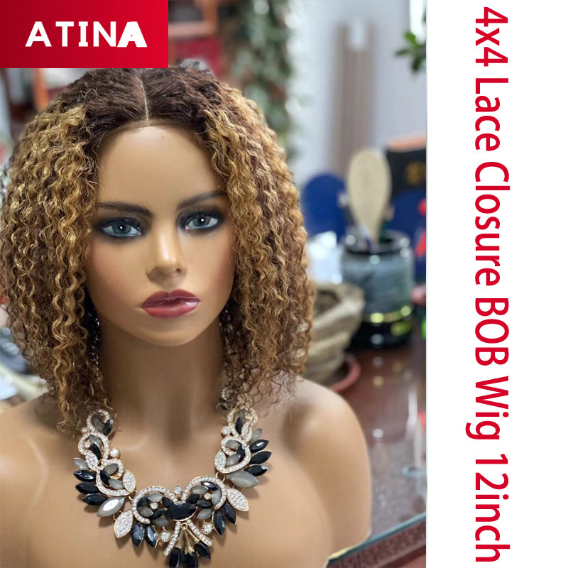 Honey Blonde Highlight Wig Short Bob Curly Human Hair PrePlucked Lace Front Wigs 4x4 Closure Virgin Human Hair