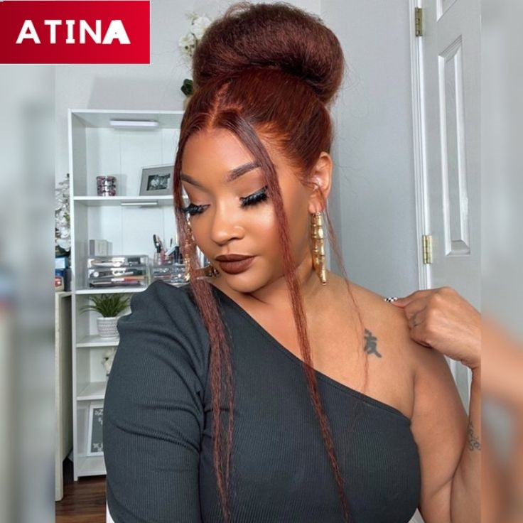Reddish Brown Kinky Straight Hair Wig 360 Lace Frontal Wig Pre Plucked with Baby Hair