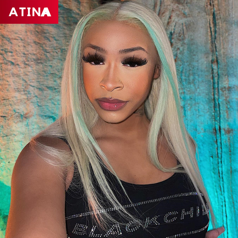 Face Framing | 613 Blonde Highlight Blue Colored Straight Pre-Plucked Lace Front Human Hair Wigs