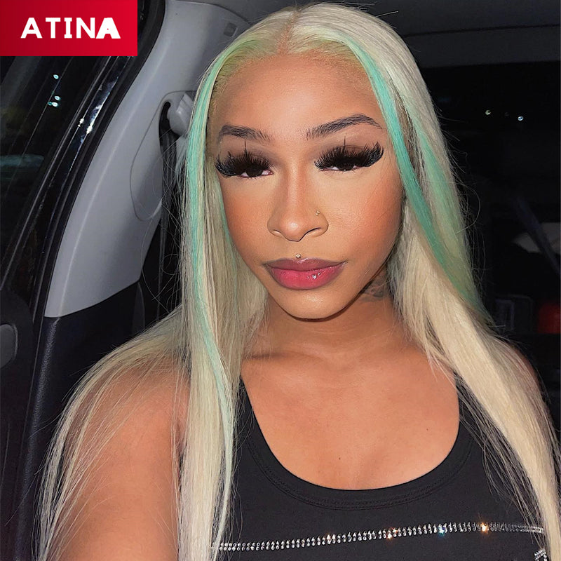 Face Framing | 613 Blonde Highlight Blue Colored Straight Pre-Plucked Lace Front Human Hair Wigs