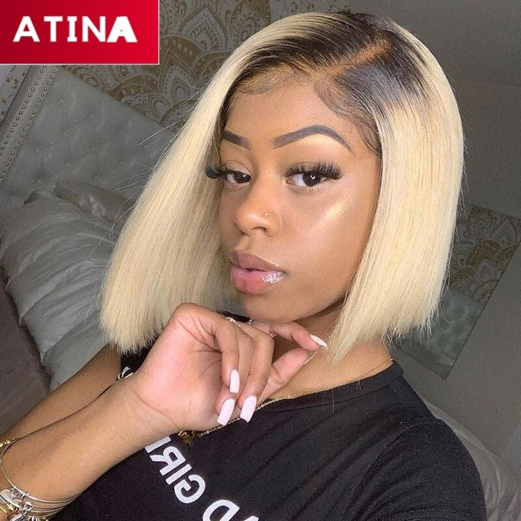 Short Straight Bob 1B/613 Ombre Blonde Colored 13x4 Closure Hair Wig