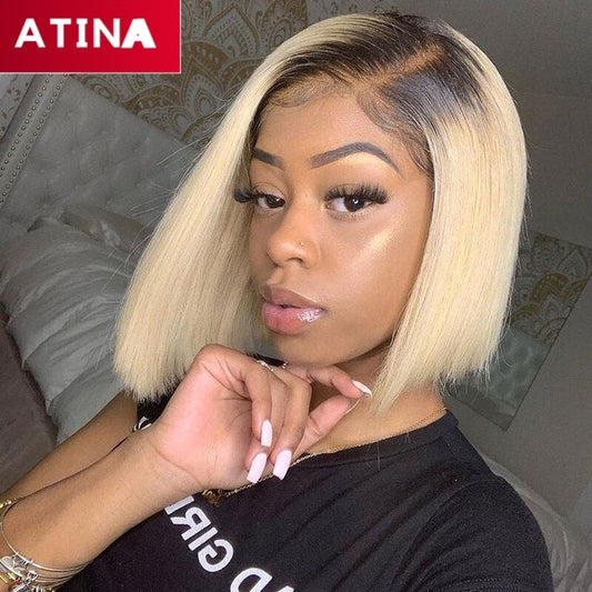 Short Straight Bob 1B/613 Ombre Blonde Colored 13x4 Closure Hair Wig
