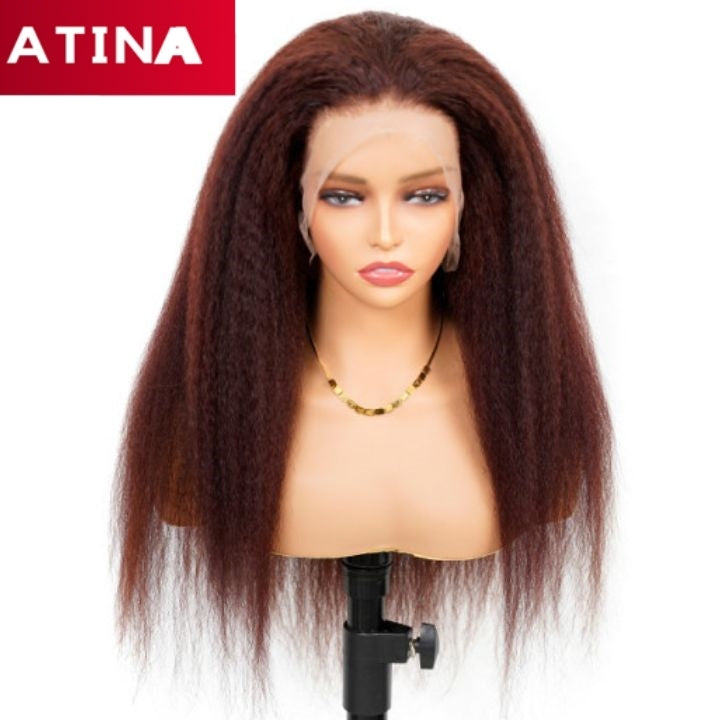 Reddish Brown Kinky Straight Hair Wig 360 Lace Frontal Wig Pre Plucked with Baby Hair