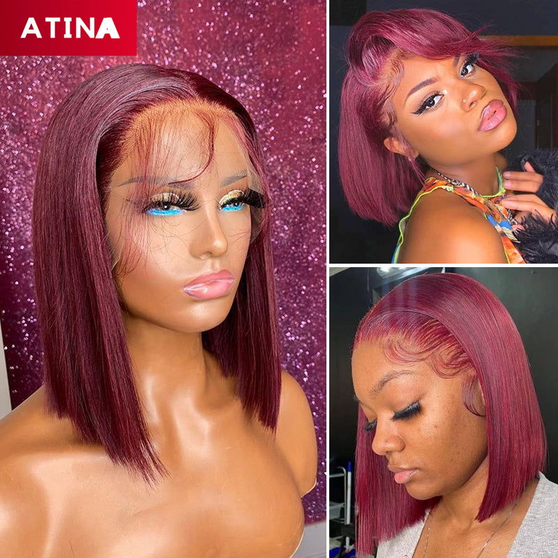 Burgundy 99J Straight Human Hair Wigs Short Bob Wig 13x4 Lace Front Wig