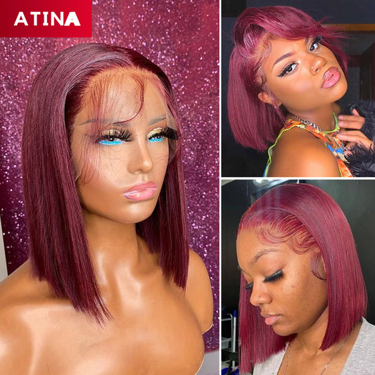 Burgundy 99J Straight Human Hair Wigs Short Bob Wig 13x4 Lace Front Wig