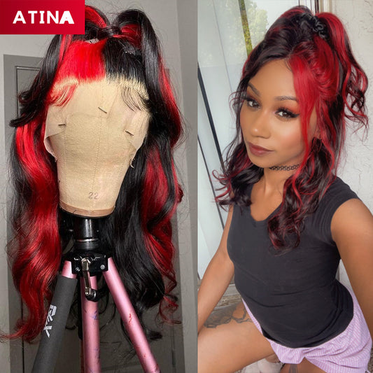 Black and Red Human Hair Wig Highlighted Colored 360 Lace Frontal Wigs with Baby Hair Preplucked Bleached Knots Body Wave Atina
