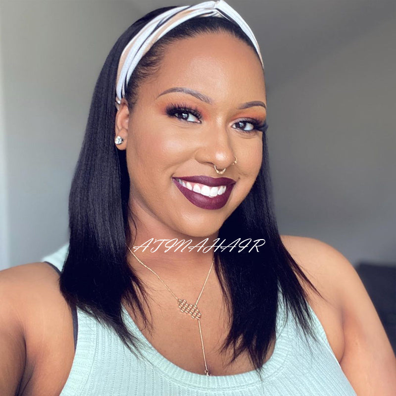 Atina Wig Straight Human Hair Headband Wig 100% Human Hair Scarf Wig for Black Women Convenient With No Glue & No Sew In