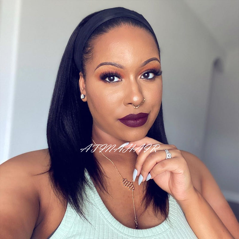 Atina Wig Straight Human Hair Headband Wig 100% Human Hair Scarf Wig for Black Women Convenient With No Glue & No Sew In front