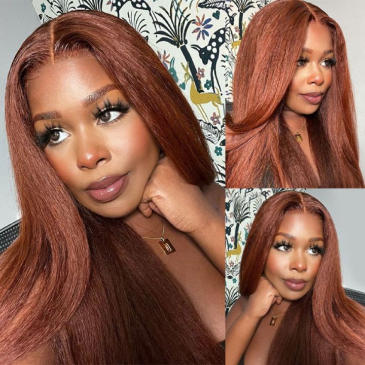 Reddish Brown Kinky Straight Hair Wig 360 Lace Frontal Wig Pre Plucked with Baby Hair