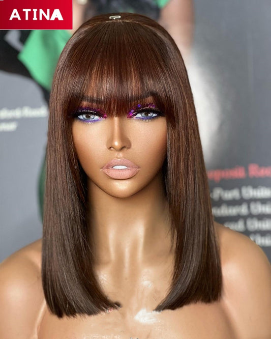 Chocolate Brown Striaght Human Hair with Bangs 13x4 Lace Front Wig
