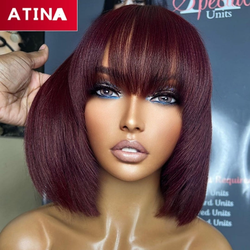 13x4 Lace Front Wig Straight Short Bob Wig with Bangs | Burgundy 99J