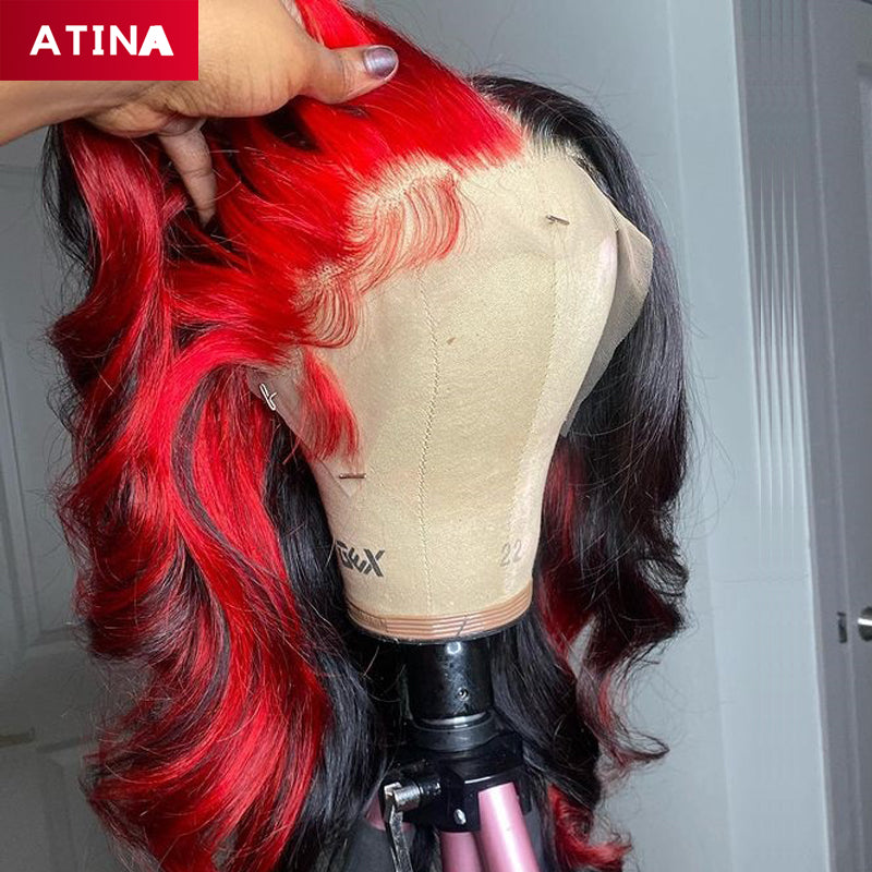 Black and Red Human Hair Wig Highlighted Colored 360 Lace Frontal Wigs with Baby Hair Preplucked Bleached Knots Body Wave Atina