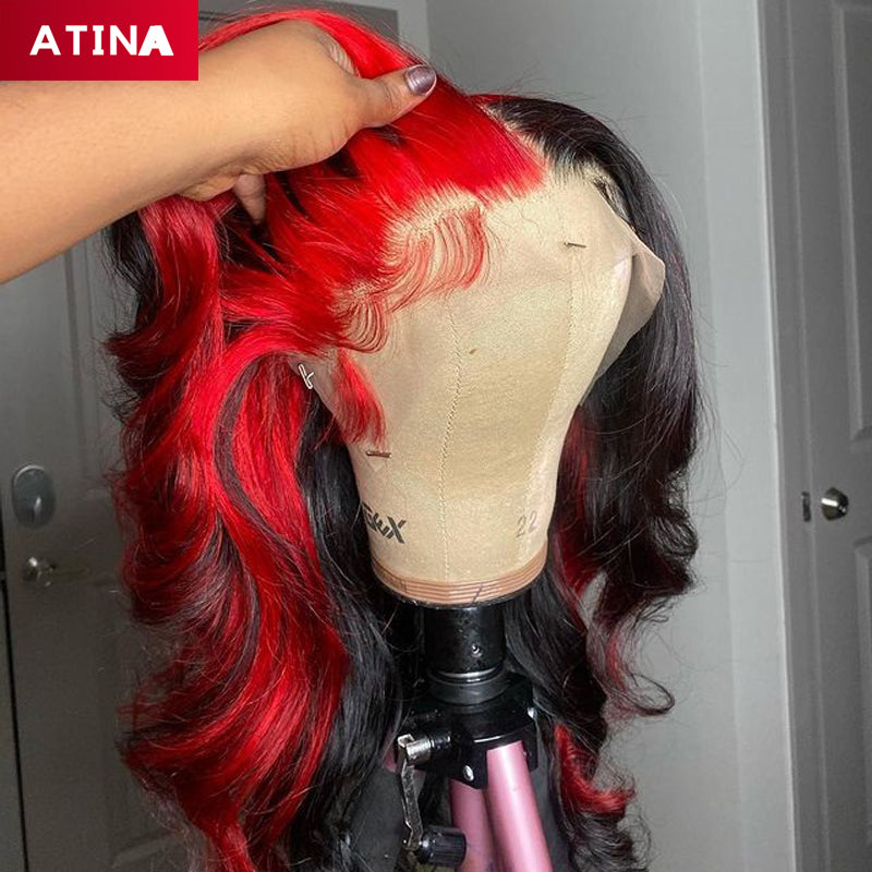 Black and Red Human Hair Wig Highlighted Colored 13x4 Lace Front Wigs Preplucked Bleached Knots Body Wave Atina