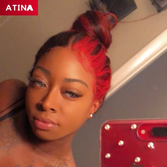 Black and Red Human Hair Wig Highlighted Colored 360 Lace Frontal Wigs with Baby Hair Preplucked Bleached Knots Body Wave Atina
