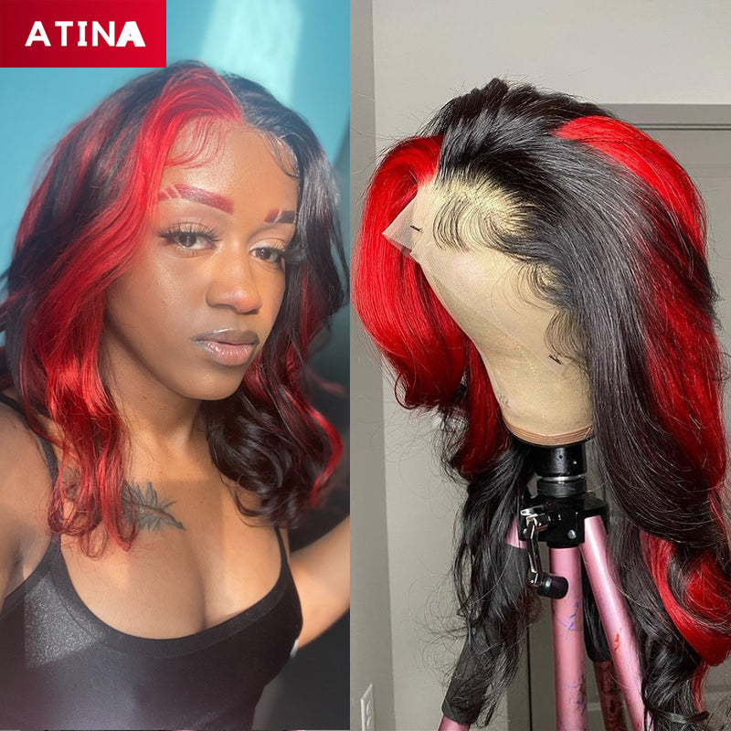 Black and Red Human Hair Wig Highlighted Colored 13x4 Lace Front Wigs Preplucked Bleached Knots Body Wave Atina
