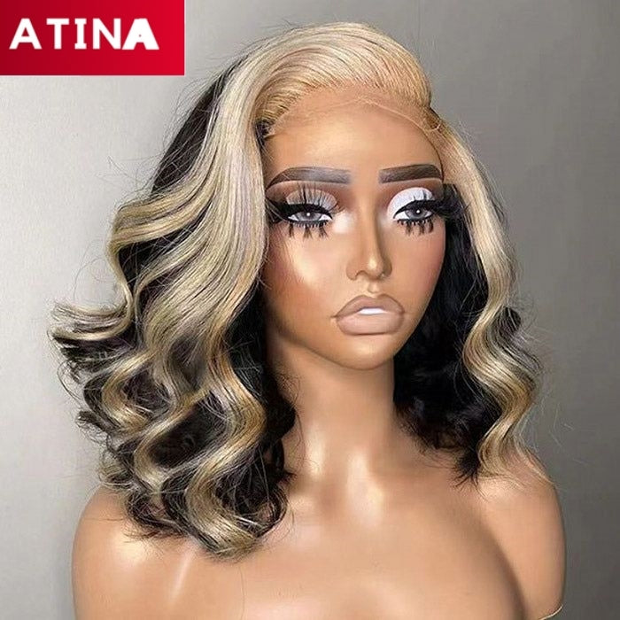Brown Highlight Colored Wavy BoB Human Hair Wig with Partial Part
