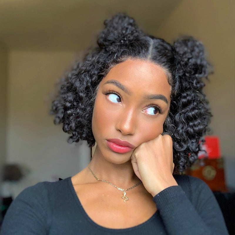 4*4 Lace Closure Human Hair Wigs Pre Plucked with Baby Hair Middle Part Curly Lace Closure Wig Peruvian Short Bob Wigs show