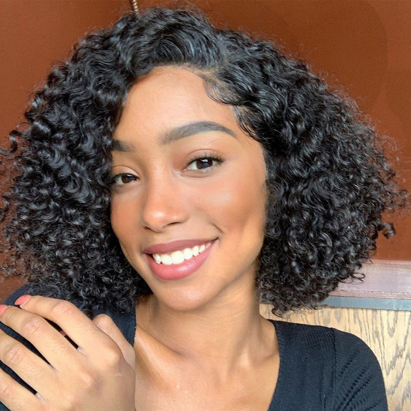 4*4 Lace Closure Human Hair Wigs Pre Plucked with Baby Hair Middle Part Curly Lace Closure Wig Peruvian Short Bob Wigs Atina showing
