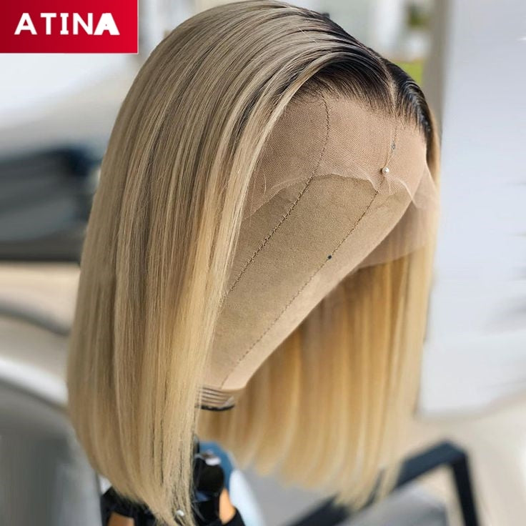 Short Straight Bob 1B/613 Ombre Blonde Colored 13x4 Closure Hair Wig