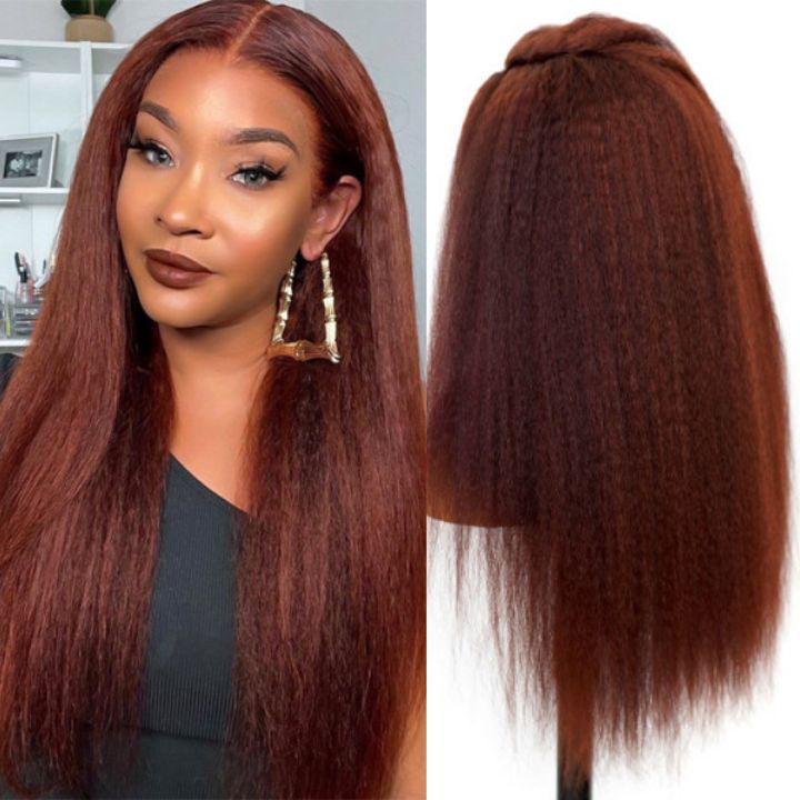 Reddish Brown Kinky Straight Hair Wig 360 Lace Frontal Wig Pre Plucked with Baby Hair