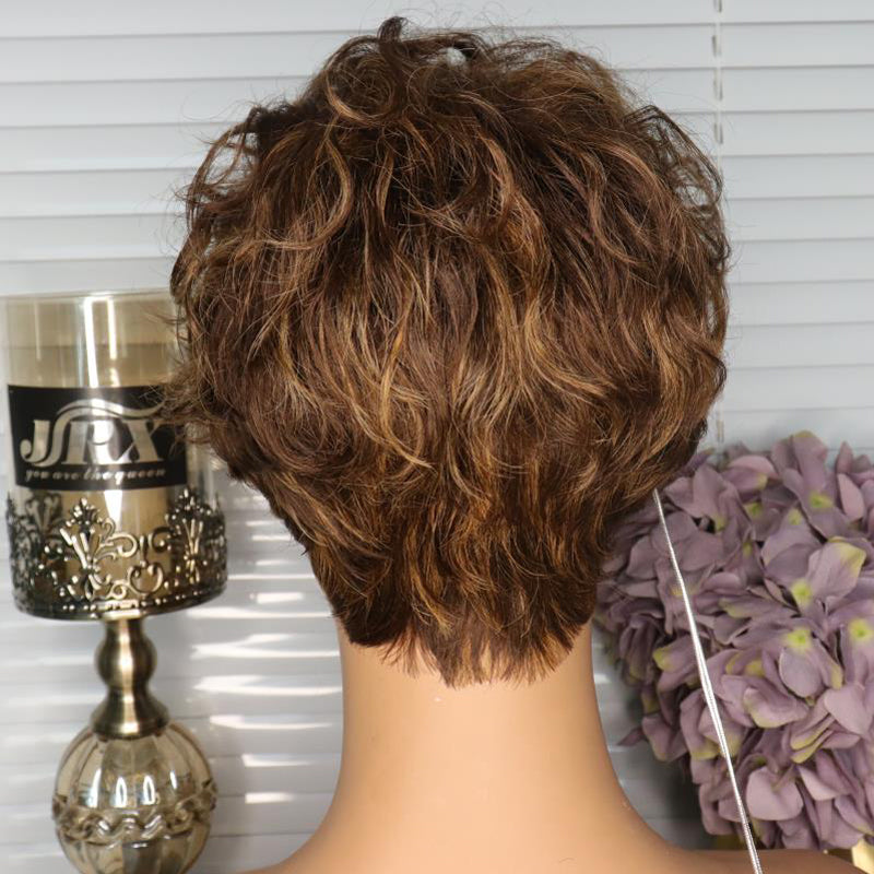 Full Machine Made Wigs Brazilian Wavy Pixie Cut Wig Short Bob Ombre Highlight Ombre Honey Blonde Colored Human Hair Wigs with Bangs back
