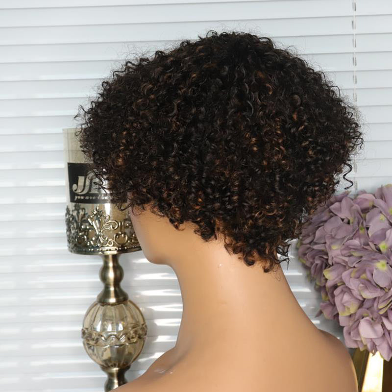 Afro Kinky Curly Full Machine Made Wigs Pixie Cut Short Bob Wig Highlight Wig Ombre Honey Blonde Colored Human Hair Wigs atina side