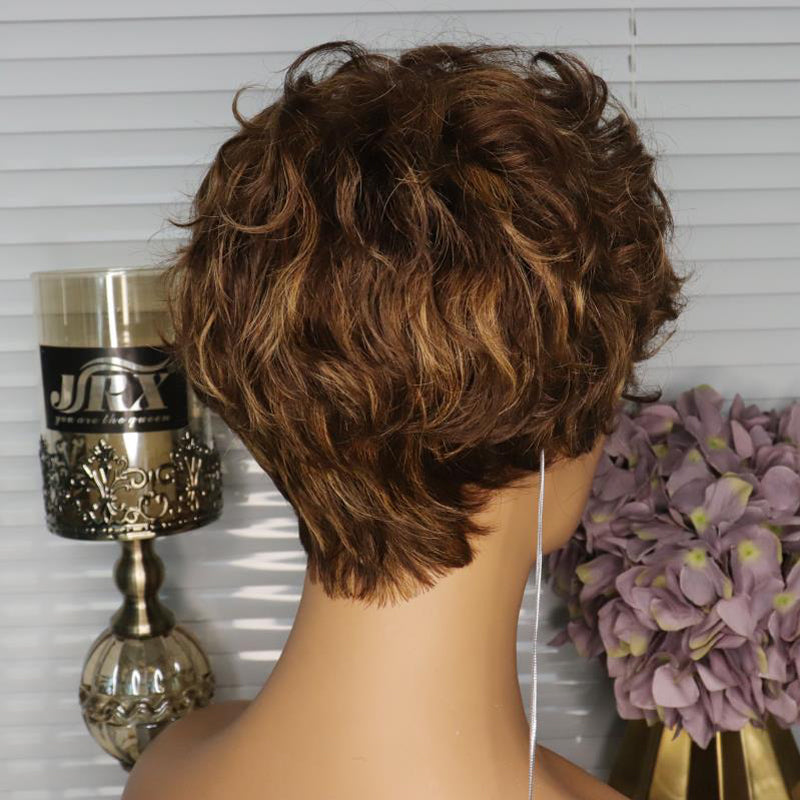 Full Machine Made Wigs Brazilian Wavy Pixie Cut Wig Short Bob Ombre Highlight Ombre Honey Blonde Colored Human Hair Wigs with Bangs back