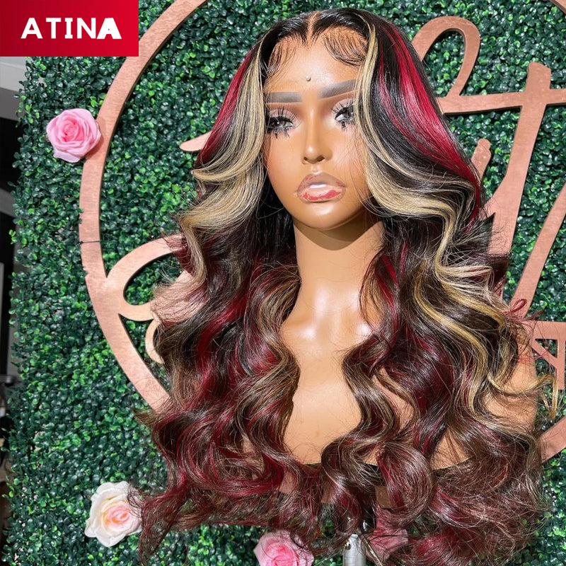 Red Blonde Highlight Body Wave Lace Front Wig Colored Human Hair Wigs
