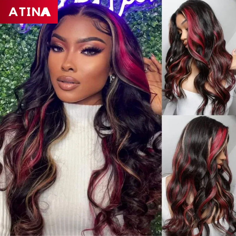 Red Blonde Highlight Body Wave Lace Front Wig Colored Human Hair Wigs