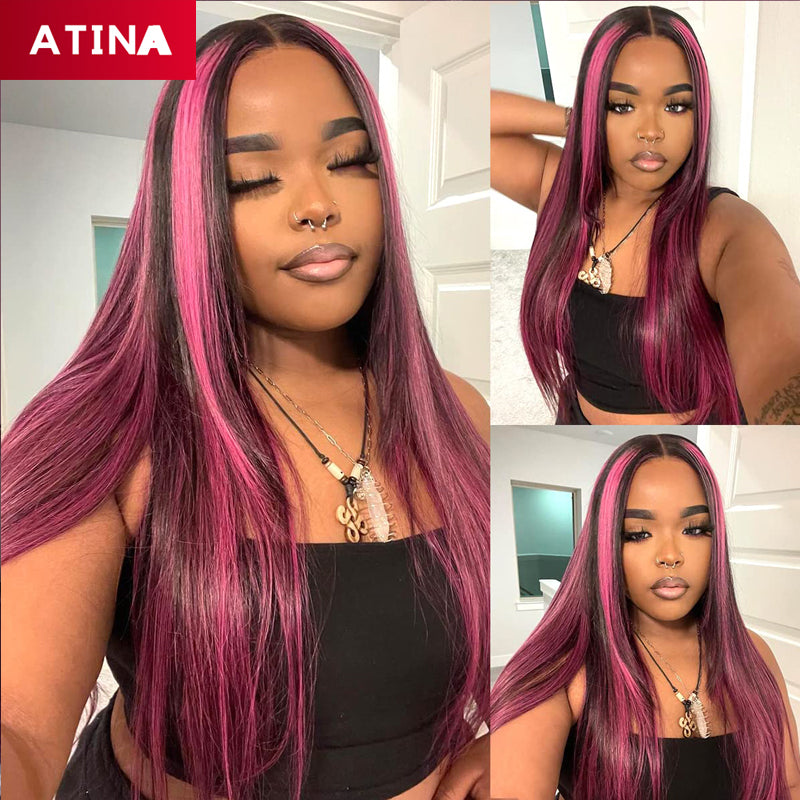 Black & Rose Pink Highlight Straight Lace Front Wig