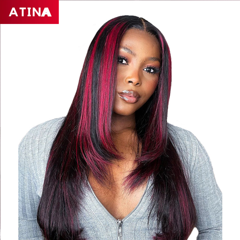 Black & Rose Pink Highlight Straight Lace Front Wig