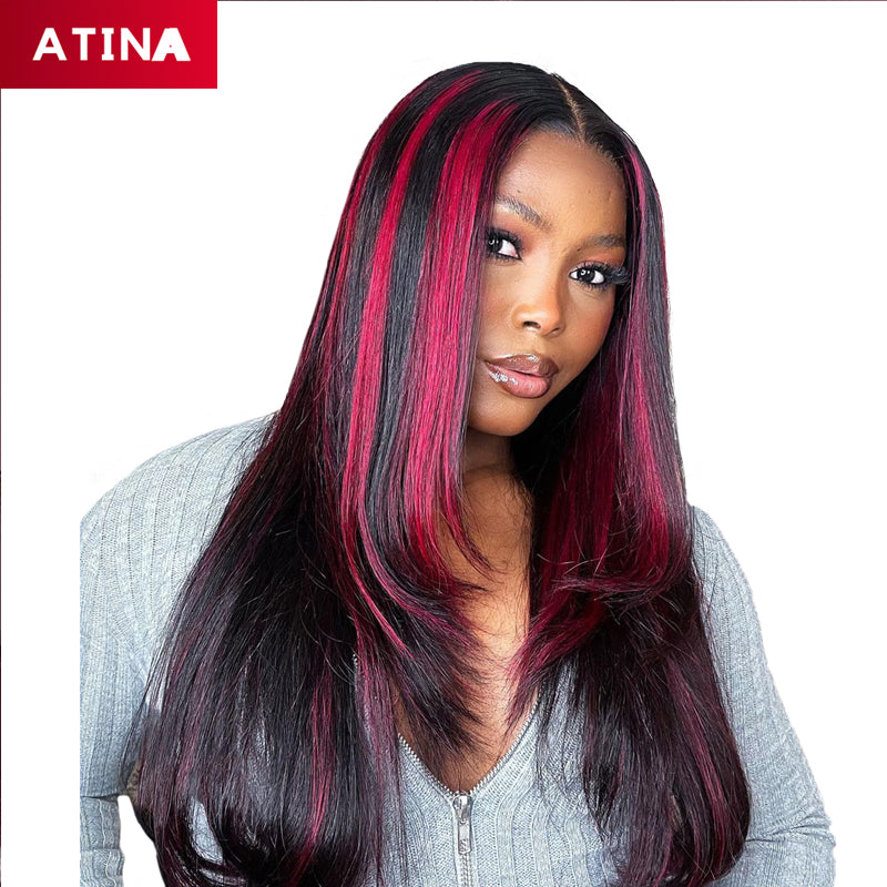 Black & Rose Pink Highlight Straight Lace Front Wig