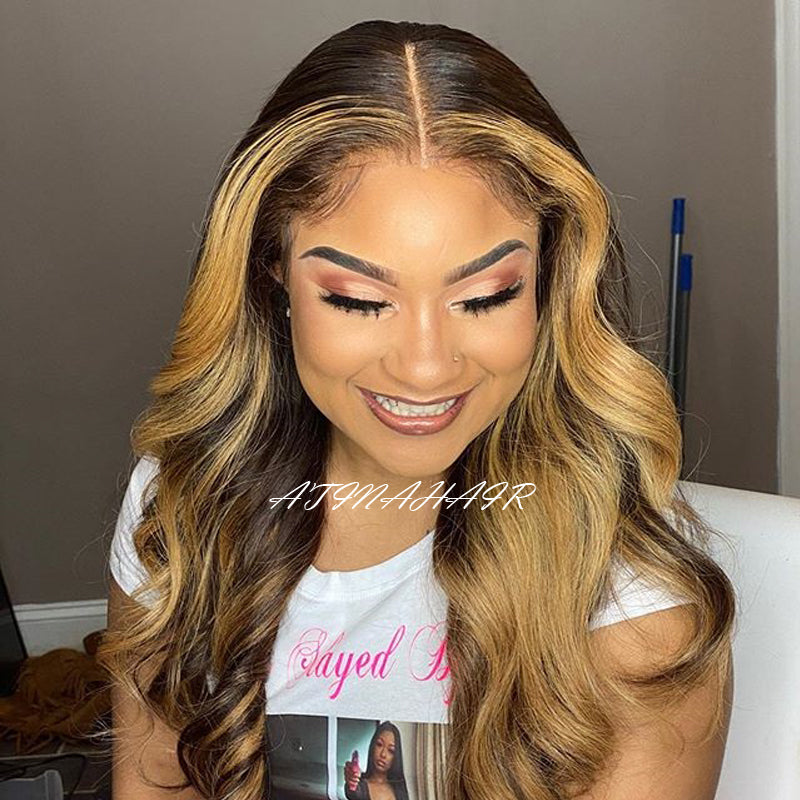 Atina Hair Highlight Wig Body Wave 4x4 Lace Closure Wig Front Virgin Human Hair Glueless Wigs