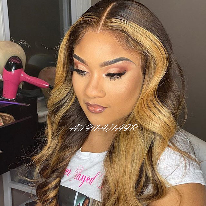 Atina Hair Highlight Wig Body Wave 4x4 Lace Closure Wig Front Virgin Human Hair Glueless Wigs left
