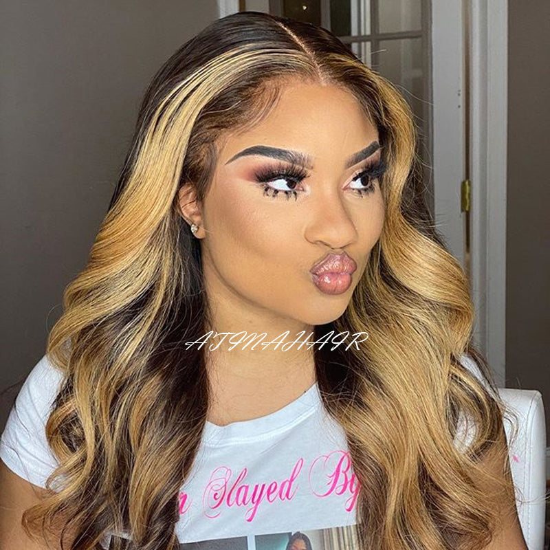 Atina Hair Highlight Wig Body Wave 4x4 Lace Closure Wig Front Virgin Human Hair Glueless Wigs right