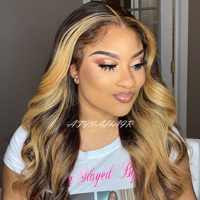 Atina Hair Highlight Wig Body Wave 4x4 Lace Closure Wig Front Virgin Human Hair Glueless Wigs side