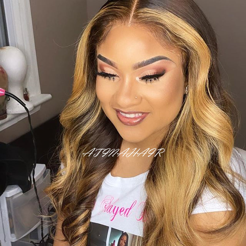 Atina Hair Highlight Wig Body Wave 4x4 Lace Closure Wig Front Virgin Human Hair Glueless Wigs show