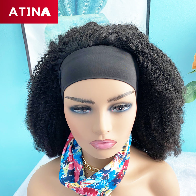 200 Density Afro Kinky Curly Human Hair Wigs Glueless Headband Machine Made Wig Natural Color Atina