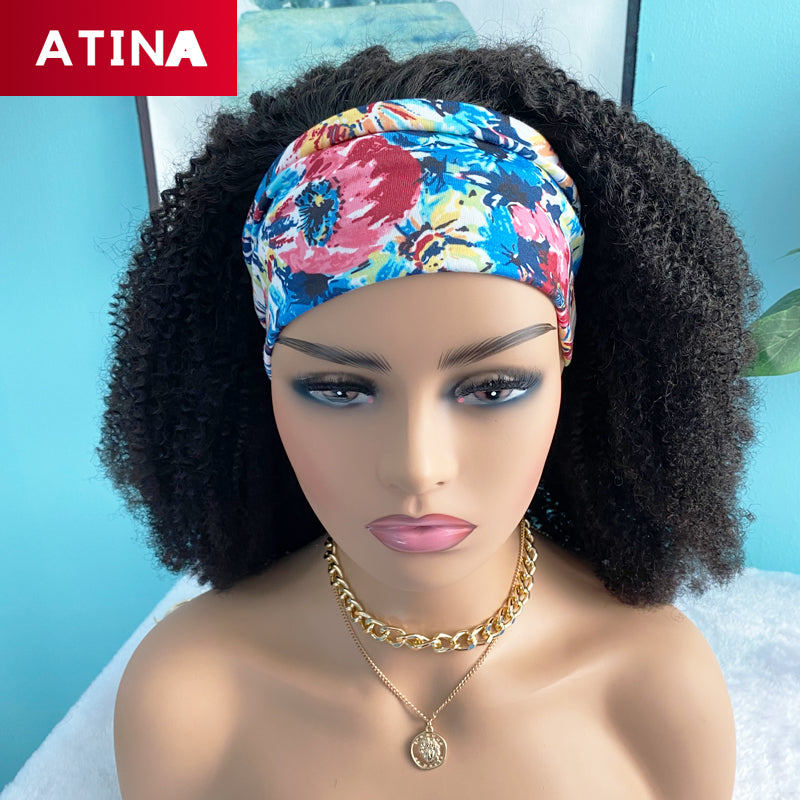 200 Density Afro Kinky Curly Human Hair Wigs Glueless Headband Machine Made Wig Natural Color Atina