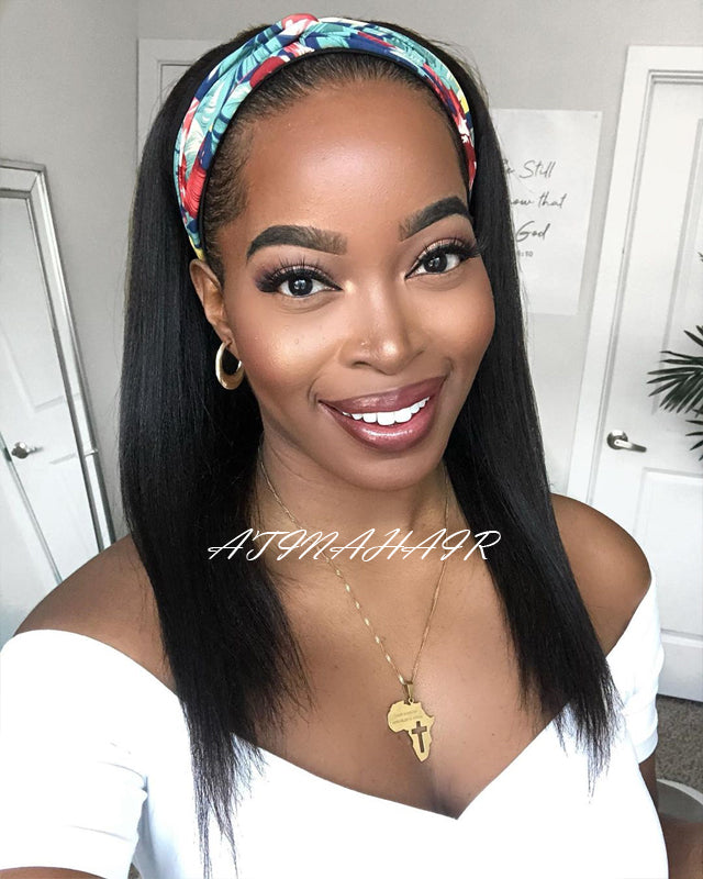 Atina Italian Yaki Human Hair Wig Brazilian Headband Human Hair Head Band Wigs Yaki Straight Machine Made Wig For Black Women front